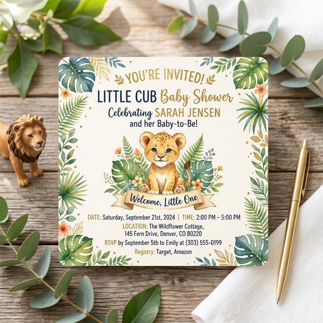 Cute Lion Cub Tropical Safari Greenery Baby Shower Invitation (Creator Uploaded)