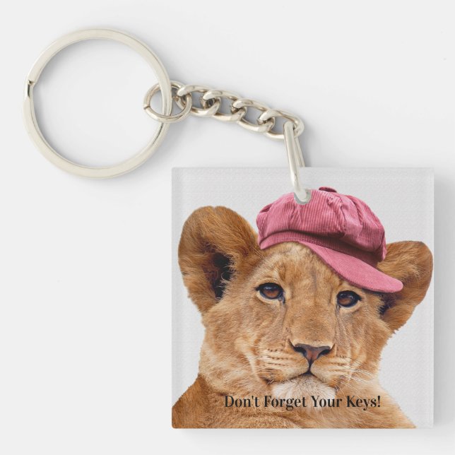 Cute Lion Cub Wearing a Hat Personalise Key Ring (Front)