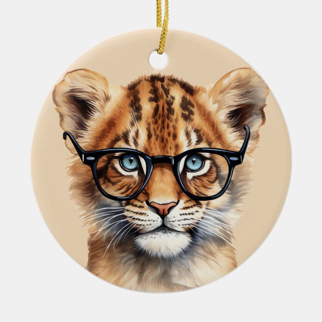Cute Lion Cub Wearing Glasses Ceramic Tree Decoration (Front)