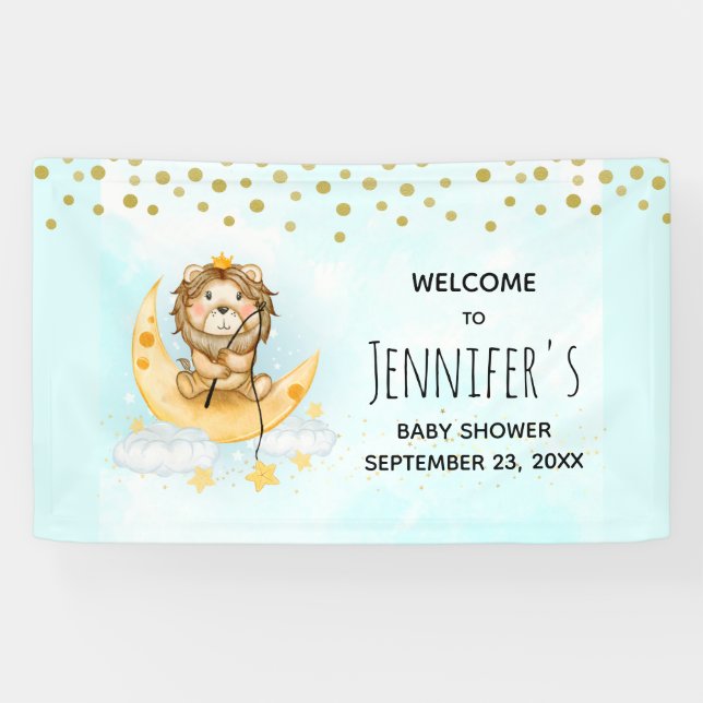 Cute Lion Fishing on the Moon Baby Shower Banner (Horizontal)