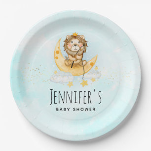 Cute Lion Fishing on the Moon Baby Shower Paper Plate