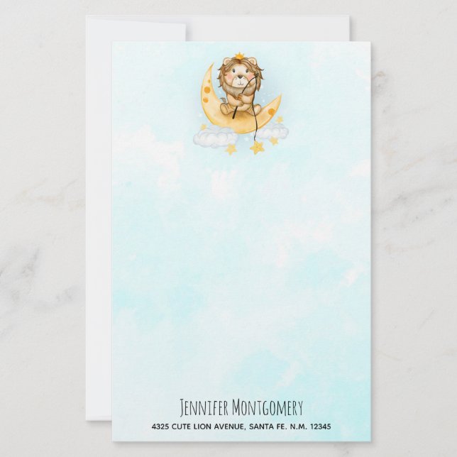 Cute Lion Fishing on the Moon Watercolor (Front)