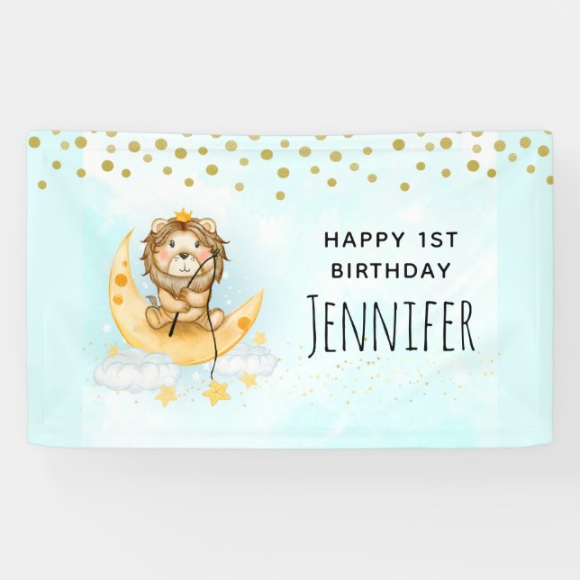 Cute Lion Fishing on the Moon Watercolor Birthday Banner (Horizontal)