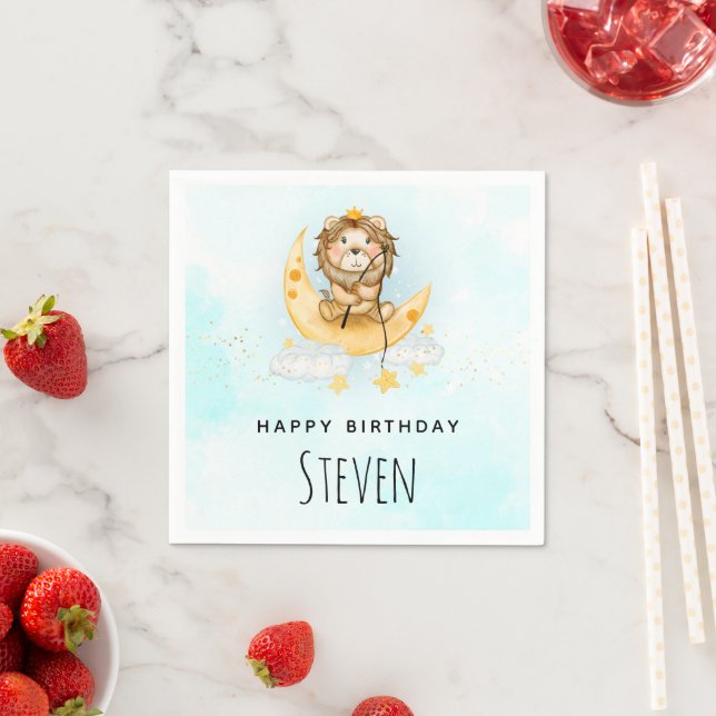 Cute Lion Fishing on the Moon Watercolor Birthday Napkin (Insitu)