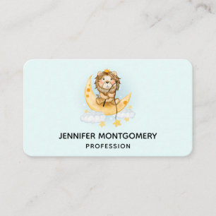 Cute Lion Fishing on the Moon Watercolor Business Card