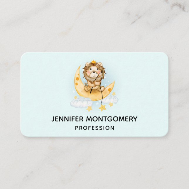  Cute Lion Fishing on the Moon Watercolor Business Card (Front)