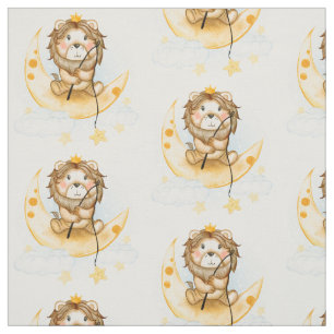 Cute Lion Fishing on the Moon Watercolor Fabric