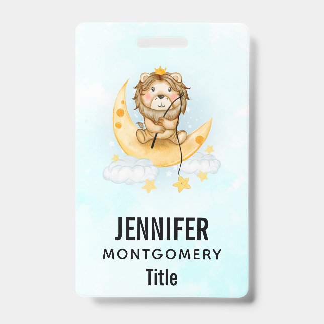 Cute Lion Fishing on the Moon Watercolor ID Badge (Front)