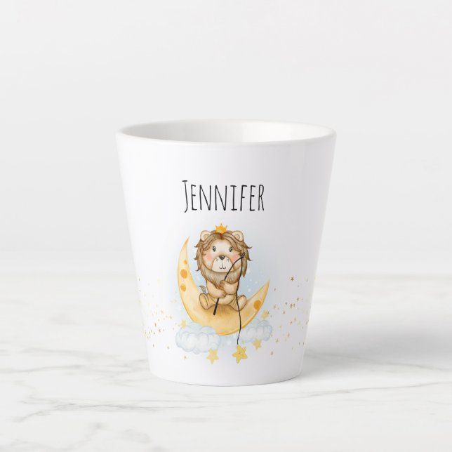 Cute Lion Fishing on the Moon Watercolor Latte Mug (Front)