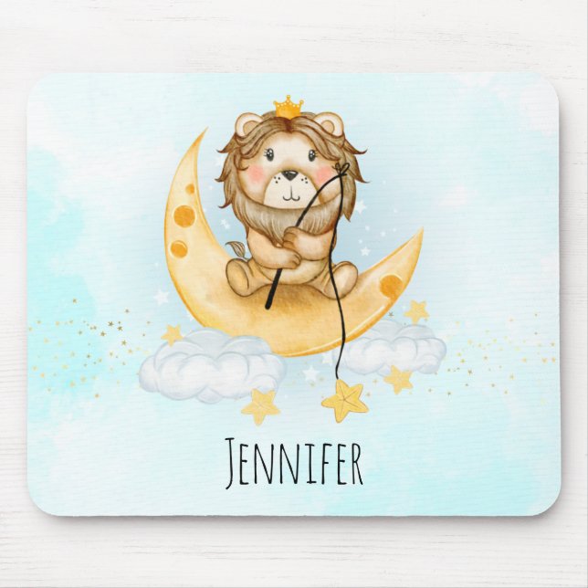 Cute Lion Fishing on the Moon Watercolor Mouse Pad (Front)