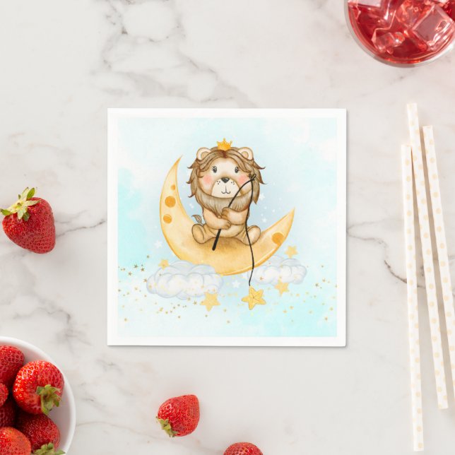 Cute Lion Fishing on the Moon Watercolor Napkin (Insitu)