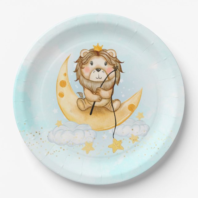 Cute Lion Fishing on the Moon Watercolor Paper Plate (Front)