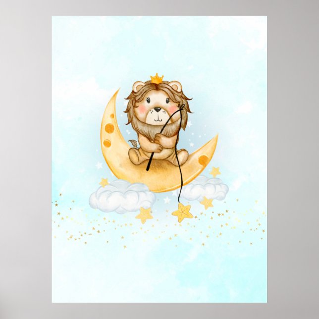 Cute Lion Fishing on the Moon Watercolor Poster (Front)