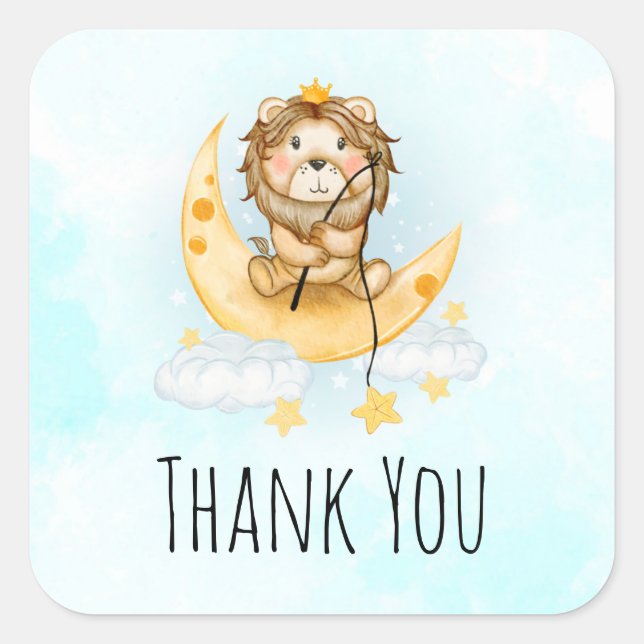 Cute Lion Fishing on the Moon Watercolor Square Sticker (Front)