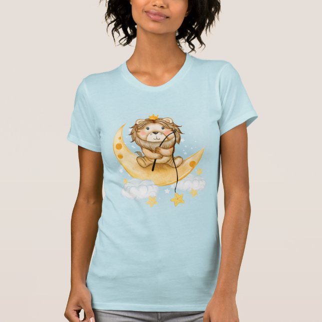 Cute Lion Fishing on the Moon Watercolor T-Shirt (Front)