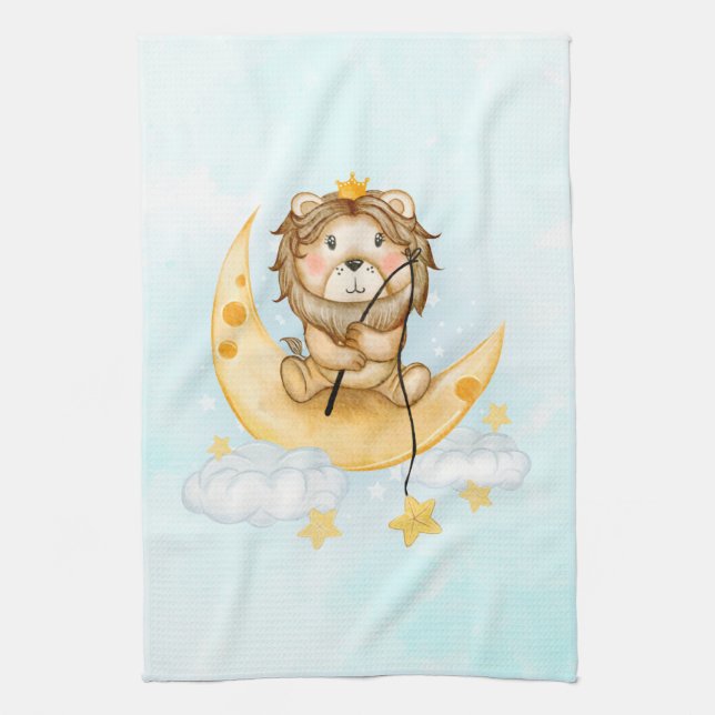 Cute Lion Fishing on the Moon Watercolor Tea Towel (Vertical)