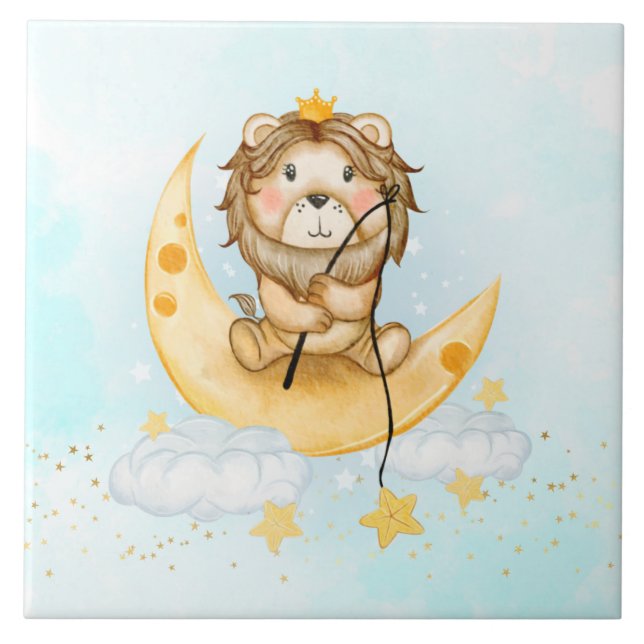 Cute Lion Fishing on the Moon Watercolor Tile (Front)