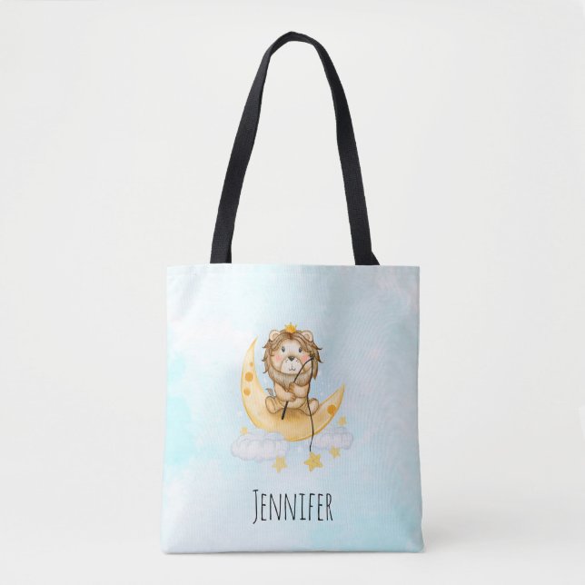 Cute Lion Fishing on the Moon Watercolor Tote Bag (Front)
