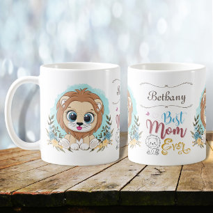 Cute Lion Floral Themed Best Mum Ever Personalised Coffee Mug