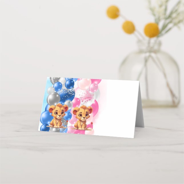 Cute Lion Gender Reveal Folded Place Card (Back)