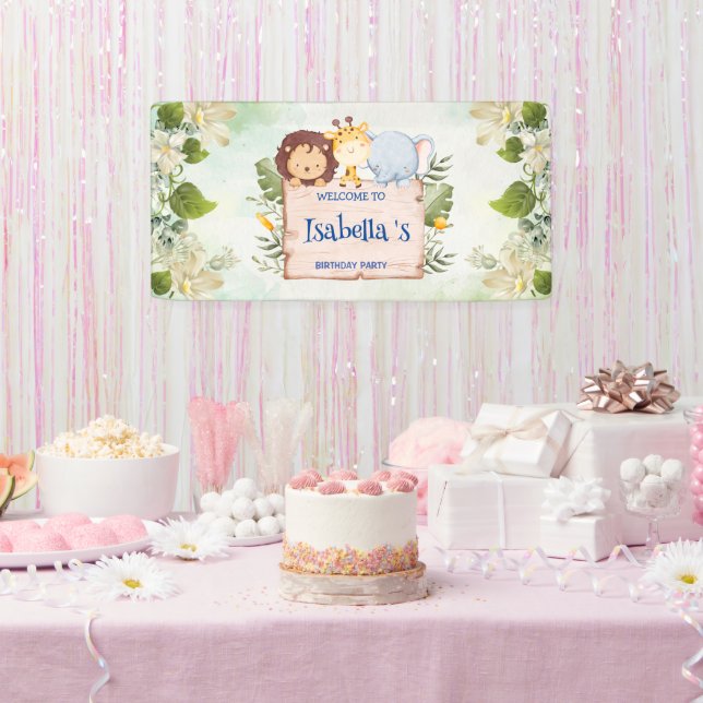 Cute Lion Giraffe Tropical flower Birthday party Banner (Party)