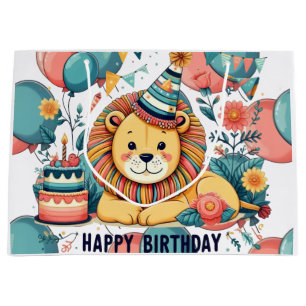 Cute Lion Happy Birthday Party Hat Balloon Large Gift Bag