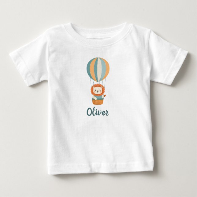 Cute Lion in Colourful Hot Air Balloon Baby T-Shirt (Front)