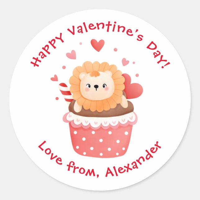 Cute Lion in Cupcake Custom Kids Valentine's Day Classic Round Sticker (Front)