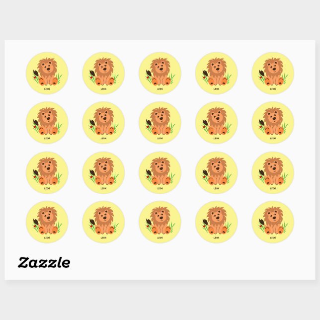 Cute lion in the grass with ladybug     classic round sticker (Sheet)