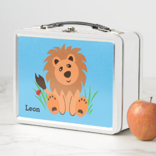 Cute lion in the grass with ladybug metal lunch box