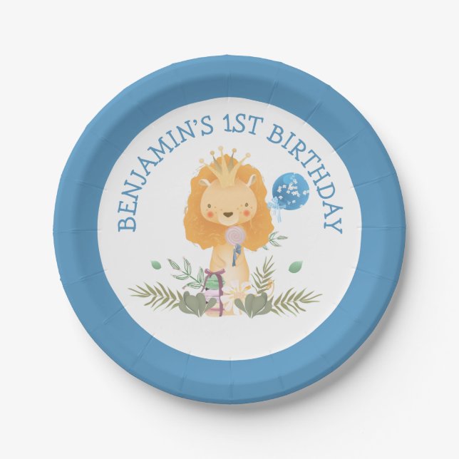 Cute Lion Leaves Blue Boys 1st Birthday Party Paper Plate (Front)