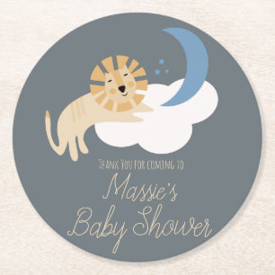 Cute Lion Moon Cloud Baby Shower Thank You Round Paper Coaster