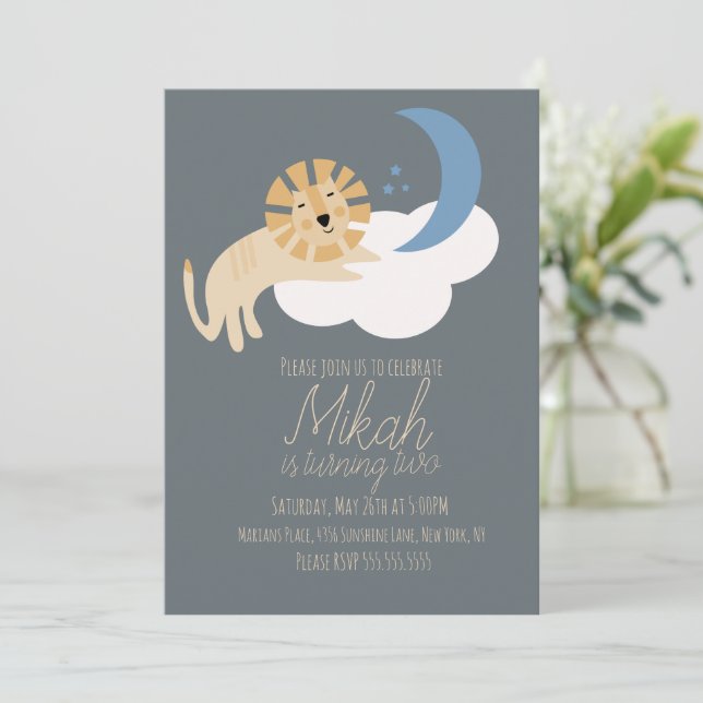 Cute Lion Moon Cloud Birthday Party Invitation (Standing Front)