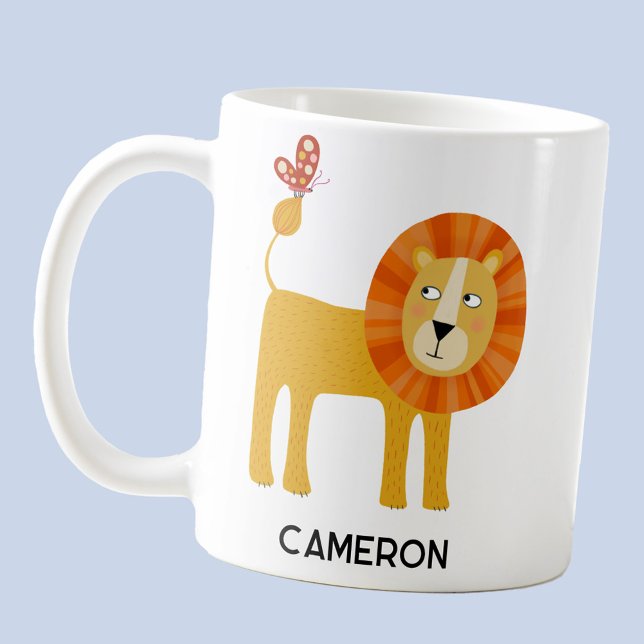 Cute Lion Personalised Name Coffee Mug (Fun lion personalized custom name coffee mug)