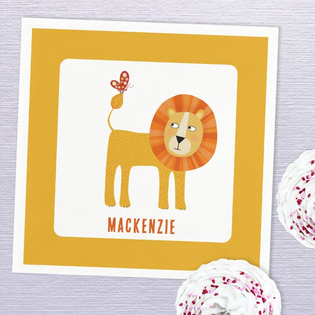 Cute Lion Personalised Napkin (Cute lion personalized name kids party paper napkin)
