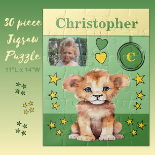 Cute lion photo name green yellow kids jigsaw puzzle