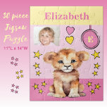 Cute lion photo name pink yellow kids jigsaw puzzle<br><div class="desc">30 piece jigsaw puzzle for kids.
Featuring a cute lion,  with stars and love hearts.
Add a name,  initial and a photo.
Colour scheme: pink and yellow
Children's gift idea.</div>
