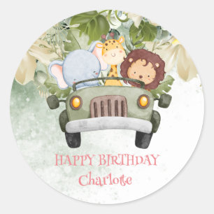 Cute lion race car Safari jungle Birthday party Classic Round Sticker