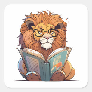  Cute Lion Reading Book, Wild About Reading Square Sticker