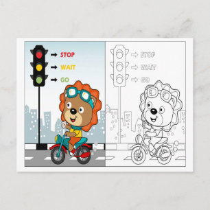 Cute Lion Riding Motorcycle Colouring Activity Postcard