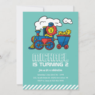 Cute Lion Riding Train Kids Boys Birthday Invitation