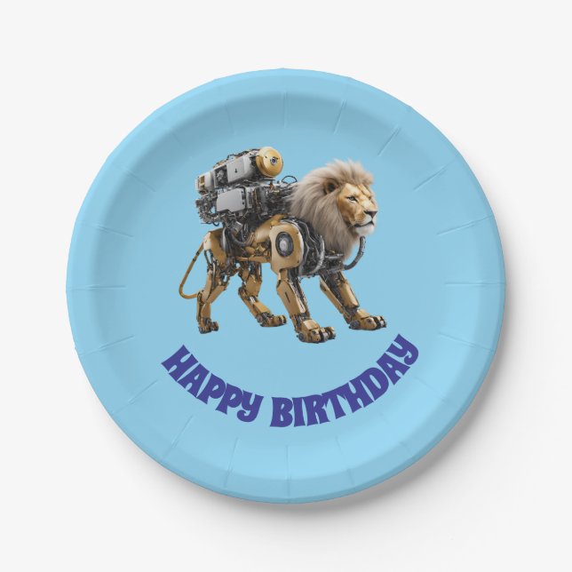 Cute Lion Robot Birthday Paper Plate (Front)