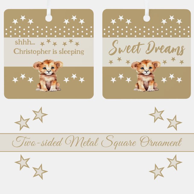 Cute lion shhh add name is sleeping brown metal tree decoration (Creator Uploaded)