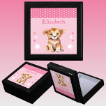 Cute lion stars add name pink keepsake gift box<br><div class="desc">Keepsake Gift Box for children.
Personalise with a name.
Featuring a cute lion,  polka dots and stars with the colours pink and white.</div>
