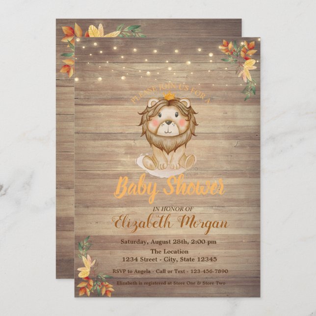 Cute Lion String Lights,Wood Texture Baby Shower Invitation (Front/Back)