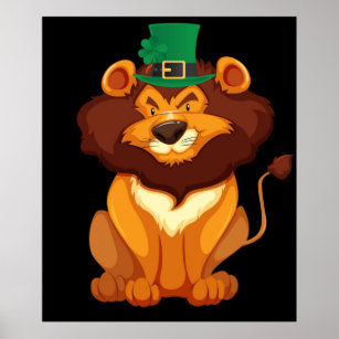Cute Lion Wearing a Lucky Leprechaun Hat 4 Leaf Cl Poster