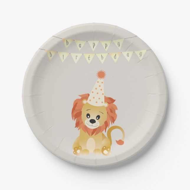 Cute Lion Wearing Party Hat Birthday Banner Roar Paper Plate (Front)
