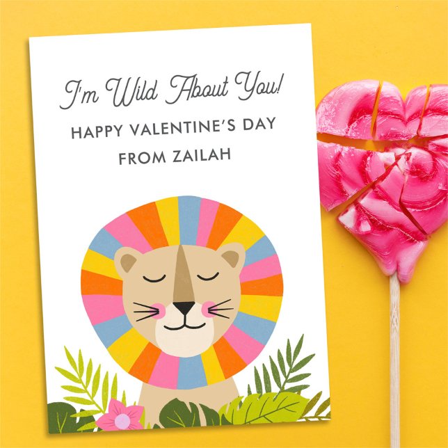 Cute Lion Wild About You Kids Classroom Valentine Card (Creator Uploaded)
