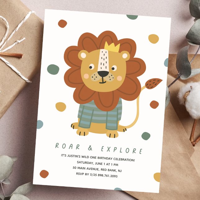 Cute Lion Wild One Animals Party 1st Birthday Invitation (Creator Uploaded)