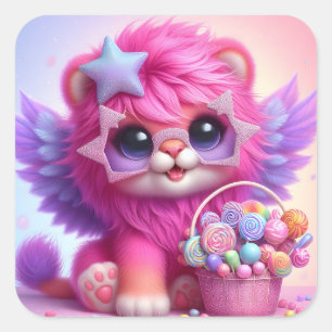 Cute Lioness with Wings & candy Basket Square Sticker